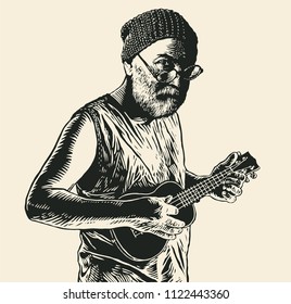 Old Man playing ukulele. Hawaii national musical instrument.  retro engraving style. vector illustration.