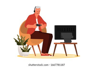 Old man playing video games. Senior playing video games with console controller. Elderly character have a modern lifestyle. Isolated vector illustration in cartoon style