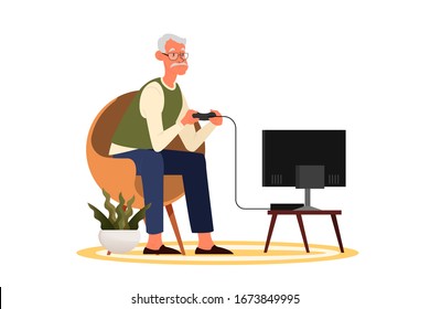 Old man playing video games. Senior playing video games with console controller. Elderly character have a modern lifestyle. Isolated vector illustration in cartoon style