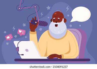Old man playing video games, elderly gamer with laptop and headphones smiling. Concept illustration of gray haired grandfather sitting in the armchair and play games trough laptop. Vector illustration