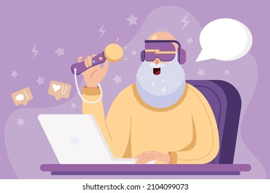 Viejo jugando videojuegos, jugador mayor con laptop y auriculares sonriendo. Ilustración conceptual del abuelo de pelo gris sentado en el sillón y jugar a través de la laptop. Ilustración del vector