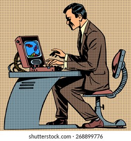 The Old Man Plays A Computer Game On Computer Pop Art Comics Retro Style Halftone. Imitation Of Old Illustrations. Gamer Office Worker