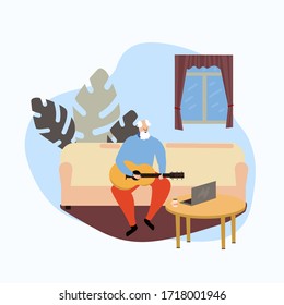 old man plays the guitar on the sofa in the living room. Distance learning music lessons. Studying at home. Spend time at home. Vector illustration in cartoon flat style.