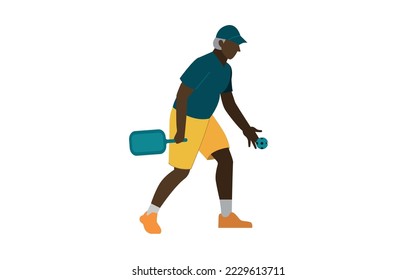 Old man plays pickleball flat vector isolated illustration. People of color do sport. Elderly black man. 