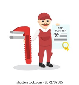 old man plumber holding certificate design character on white background