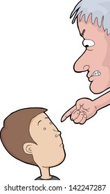 Old man pointing at child over white background