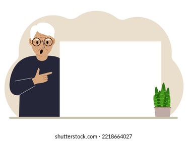 A old man points his finger at a clean large banner, a blank poster or a large white sheet of paper with space for text. Vector flat illustration.