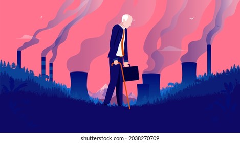 Old man in polluted landscape - Retired businessman walking with pollution, smoke and factories in background feeling sad. Future generation and climate change concept. Vector illustration