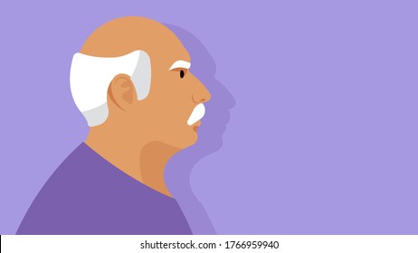 Old man. Portrait elder man - bald head, wrinkles, gray hair, overweight, white mustache.  Vector head and shoulders portrait, side view.  old man on a lilac background.
