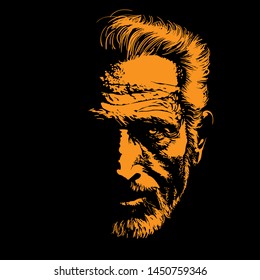 Old Man portrait silhouette in backlight. Contrast face. Vector. Illustration.