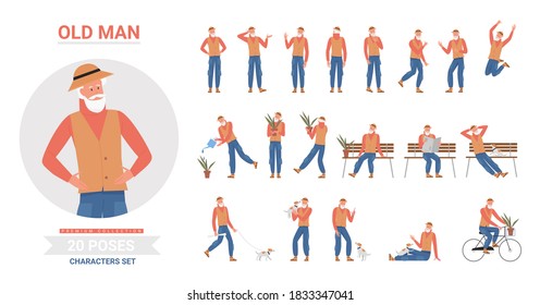 Old man poses infographic vector illustration set. Cartoon elderly bearded senior character posing, standing and jumping, walking with dog and sitting on bench, posture collection isolated on white