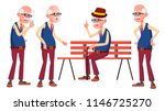 Old Man Poses Set Vector. Elderly People. Senior Person. Aged. Beautiful Retiree. Life. Card, Advertisement, Greeting Design. Isolated Cartoon Illustration
