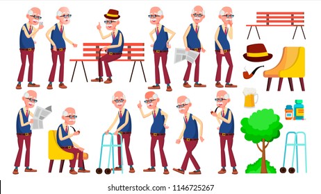 Old Man Poses Set Vector. Elderly People. Senior Person. Aged. Friendly Grandparent. Banner, Flyer, Brochure Design. Isolated Cartoon Illustration
