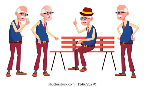 Old Man Poses Set Vector. Elderly People. Senior Person. Aged. Beautiful Retiree. Life. Card, Advertisement, Greeting Design. Isolated Cartoon Illustration
