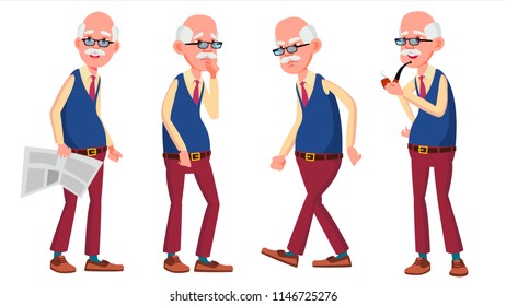 Old Man Poses Set Vector. Elderly People. Senior Person. Aged. Funny Pensioner. Leisure. Postcard, Announcement, Cover Design. Isolated Cartoon Illustration