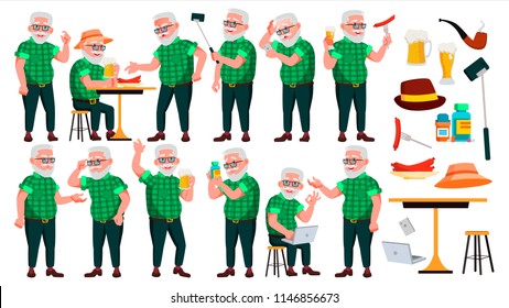 Old Man Poses Set Vector. Elderly People. Senior Person. Aged. Cute Retiree. Activity. Advertisement, Greeting, Announcement Design. Isolated Cartoon Illustration
