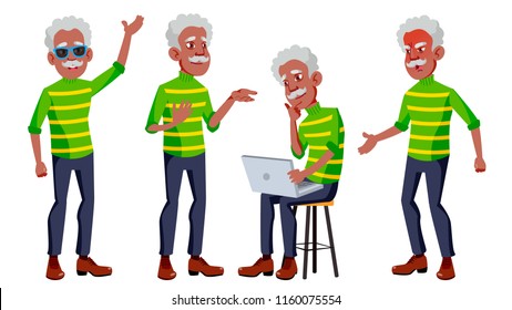 Old Man Poses Set Vector. Black. Afro American. Elderly People. Senior Person. Aged. Caucasian Retiree. Smile. Advertisement, Greeting, Announcement Design. Isolated Cartoon Illustration
