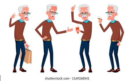 Old Man Poses Set Vector. Elderly People. Senior Person. Aged. Beautiful Retiree. Life. Card, Advertisement, Greeting Design. Isolated Cartoon Illustration