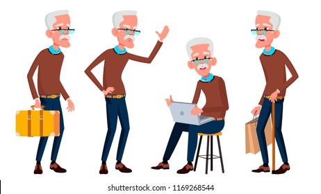 Old Man Poses Set Vector. Elderly People. Senior Person. Aged. Friendly Grandparent. Banner, Flyer, Brochure Design. Isolated Cartoon Illustration
