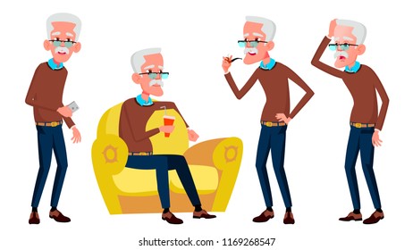 Old Man Poses Set Vector. Elderly People. Senior Person. Aged. Funny Pensioner. Leisure. Postcard, Announcement, Cover Design. Isolated Cartoon Illustration