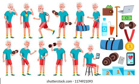 Old Man Poses Set Vector. Elderly People. Senior Person. Aged. Sport, Fitness. Comic Pensioner. Lifestyle. Postcard, Cover, Placard Design. Isolated Cartoon Illustration

