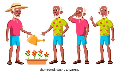 Old Man Poses Set Vector. Black. Afro American. Elderly People. Senior Person. Aged. Funny Pensioner. Leisure. Postcard, Announcement, Cover Design. Isolated Cartoon Illustration
