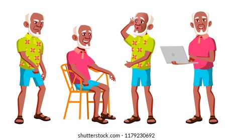 Old Man Poses Set Vector. Black. Afro American. Elderly People. Senior Person. Aged. Active Grandparent. Joy. Web, Brochure, Poster Design. Isolated Cartoon Illustration
