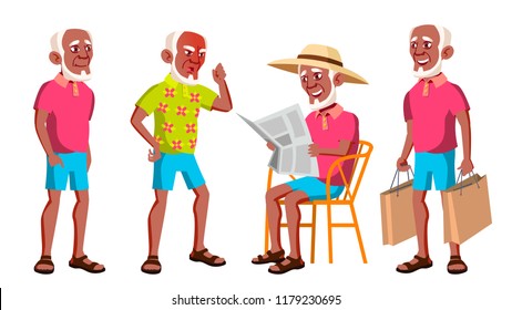 Old Man Poses Set Vector. Black. Afro American. Elderly People. Senior Person. Aged. Beautiful Retiree. Life. Presentation, Print, Invitation Design. Isolated Cartoon Illustration
