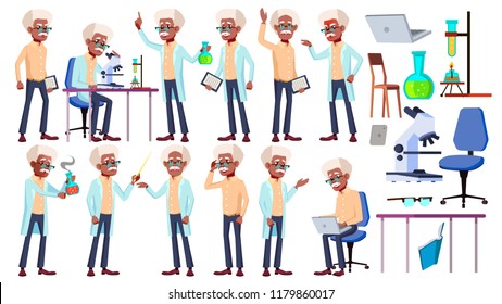 Old Man Poses Set Vector. Black. Afro American. Elderly People. Senior Person. Aged. Beautiful Retiree. Life. Card, Advertisement Design. Isolated Cartoon Illustration