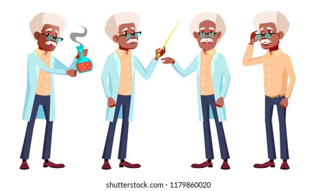 Old Man Poses Set Vector. Black. Afro American. Elderly People. Senior Person. Aged. Positive Pensioner. Web, Brochure, Poster Design. Isolated Cartoon Illustration