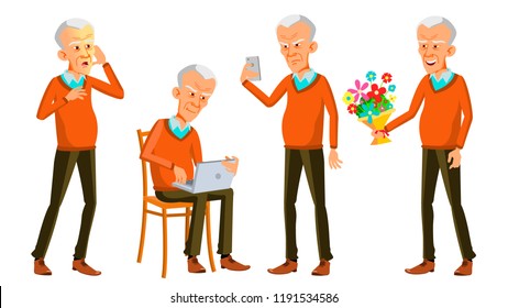 Old Man Poses Set Vector. Asian, Japanese, Vietnamese. Elderly People. Senior Person. Aged. Caucasian Retiree. Smile. Web, Poster, Booklet Design. Isolated Cartoon Illustration
