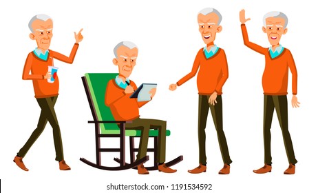 Old Man Poses Set Vector. Asian, Chinese, Japanese. Elderly People. Senior Person. Aged. Friendly Grandparent. Banner, Flyer, Brochure Design. Isolated Cartoon Illustration

