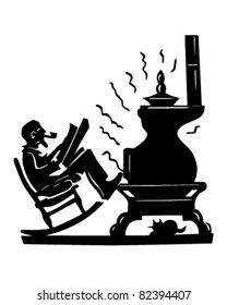 Old Man With Pot Bellied Stove - Retro Clipart Illustration