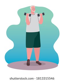 old man practicing exercise with dumbbells, sport and recreation concept vector illustration design