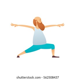 Old man practicing yoga in different poses! Colorful old man in cartoon style. Vector flat. The elderly man is doing exercises!
