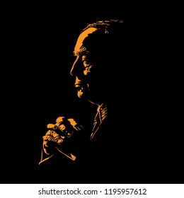 Old Man is praying. Silhouette in backlight. Vector. Illustration.