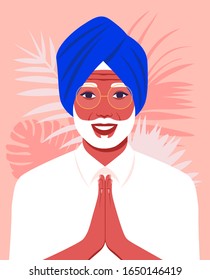 Un anciano reza a Dios. Hinduismo. Retrato de un feliz abuelo en el templo. Religiones del Este. Ilustración plana del vector