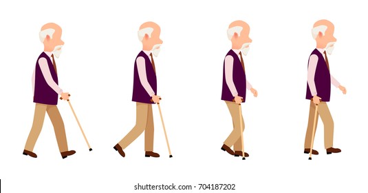Old man process of movement colorful vector illustrations set. Aged person with cane long thin stick with curved handle that can be use to help walk.