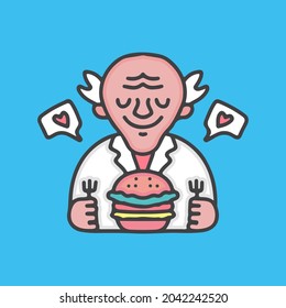 Old man professor with burger cartoon, illustration for stickers and t shirt.
