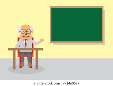 old man professor with glasses, sit in front of blackboard in the lab or classroom