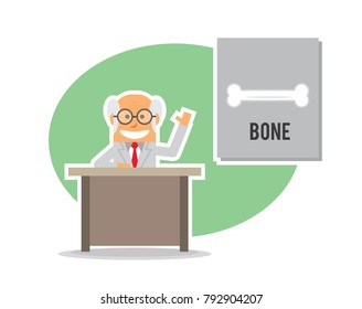 old man professor presentation to pointed bone icon in the board