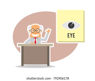 old man professor presentation to pointed eye icon in the board