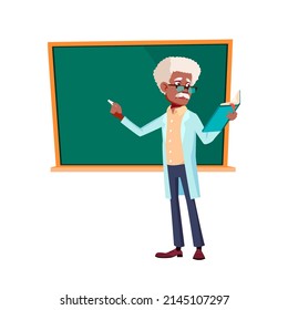 Alter Mann Professor Buch lesen im Klassenzimmer Vektor. Ältere Lehrer lesen Buch und schreiben Informationen auf Blackboard. Charakterreife männliche Unterrichtsstunde Flach Cartoon Illustration