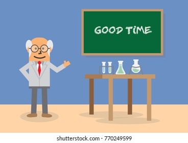 old man professor say good time in blackboard at lab