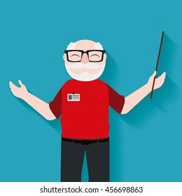 old man, professor  teaching with pointer in blue color backdrop 