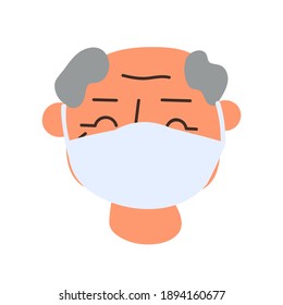 Old man with protective mask. Vector icon illustration on white background.