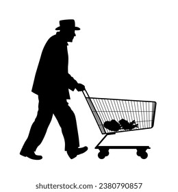 Old man push shopping cart silhouette, people shopping, shopper silhouettes on white