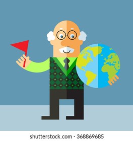 Old Man puting flag mark the globe. Flat style vector illustration on gray background.