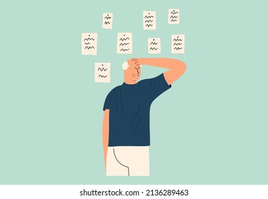 The old man puts his hand on his head and looks at the notes. The concept of dementia, Alzheimer's disease. Vector illustration in a flat style.