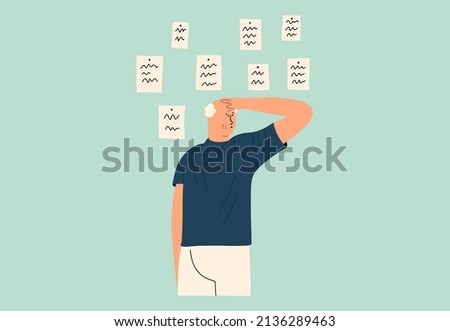 The old man puts his hand on his head and looks at the notes. The concept of dementia, Alzheimer's disease. Vector illustration in a flat style.